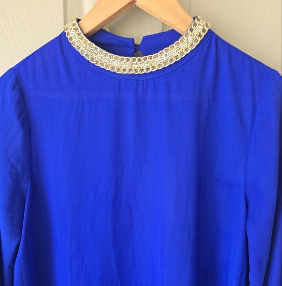 Moa Moa Royal Blue Tunic Sz M Women Embellished Collar Hi-Low Coastal - Picture 3 of 11
